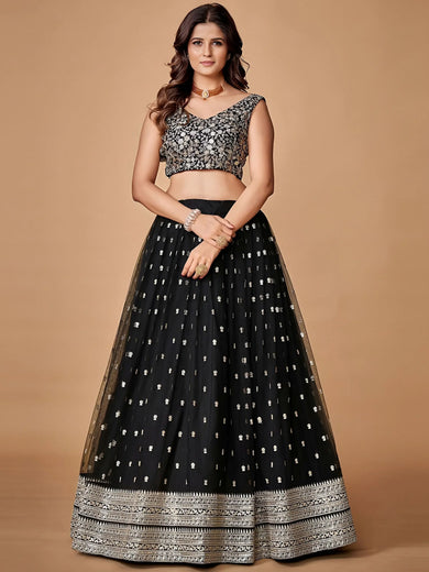 Glorious Black Sequins Embroidered Net Party Wear Lehenga Choli